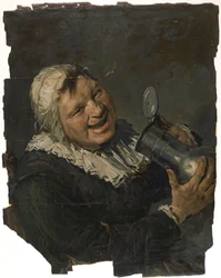 Malle Babbe. Eine lachende alte Frau bringt einen Krug zum Mund. Gemalt im Stil von Frans Hals